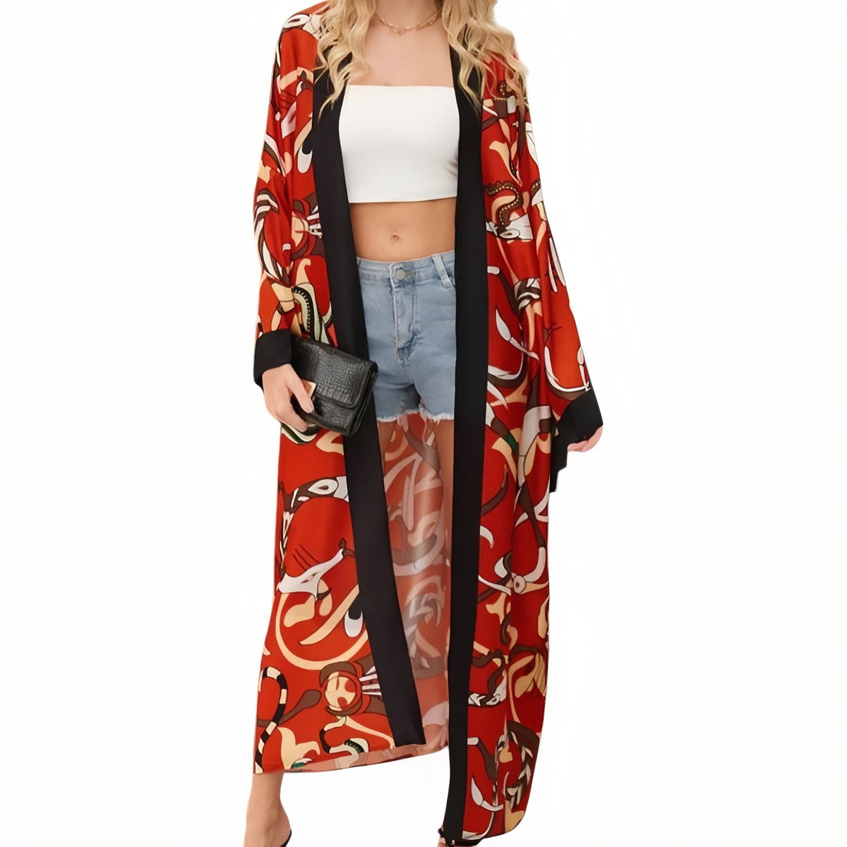 Long Kimono de Plage Large à Motifs Imprimés - Rouge - Unique