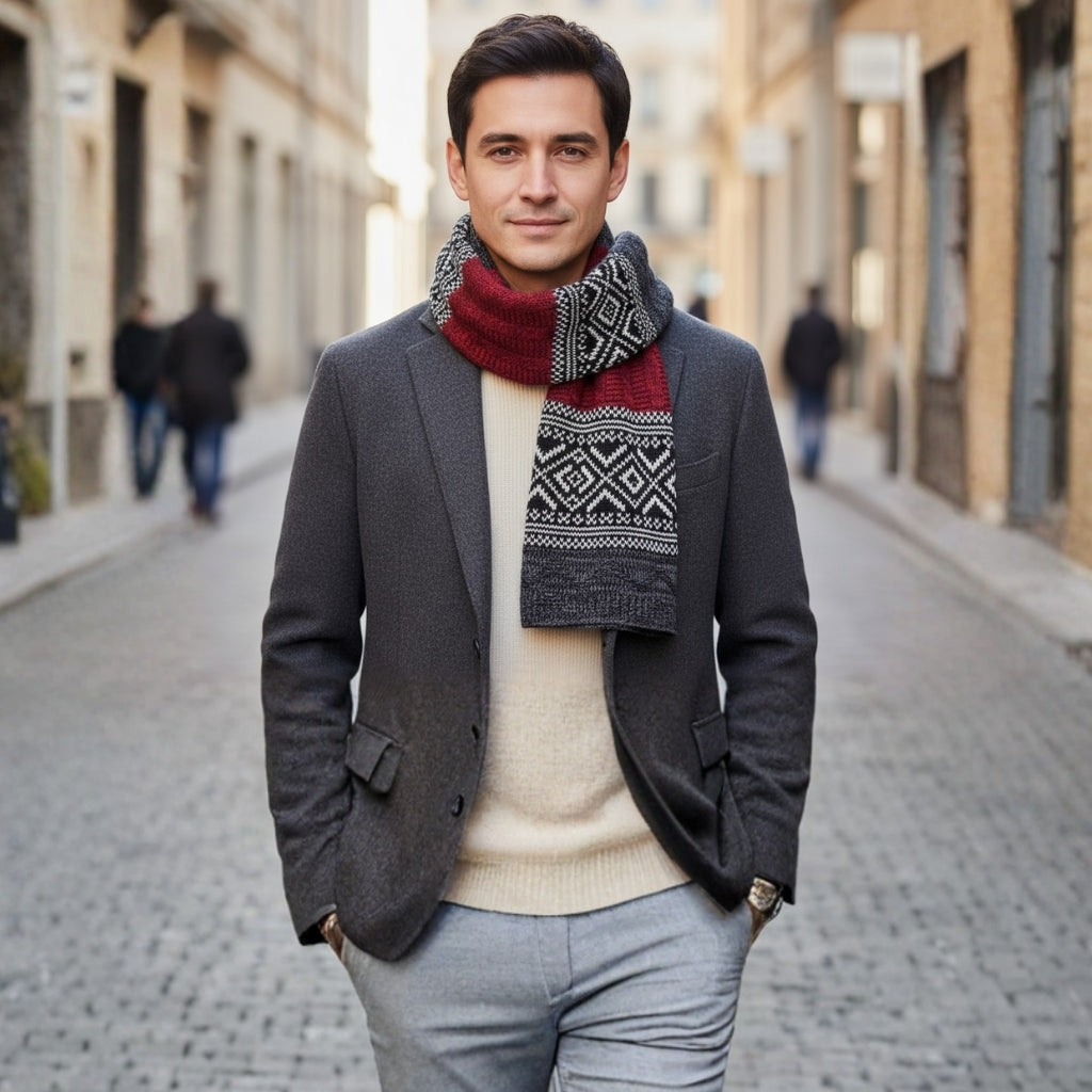 Echarpe Homme Motif Jacquard portée autour du cou - Bordeaux et Charbon - Bleu et Bordeaux - Marron et Jaune - Bleu et Gris - Bleu Marine et Rose Poudré
