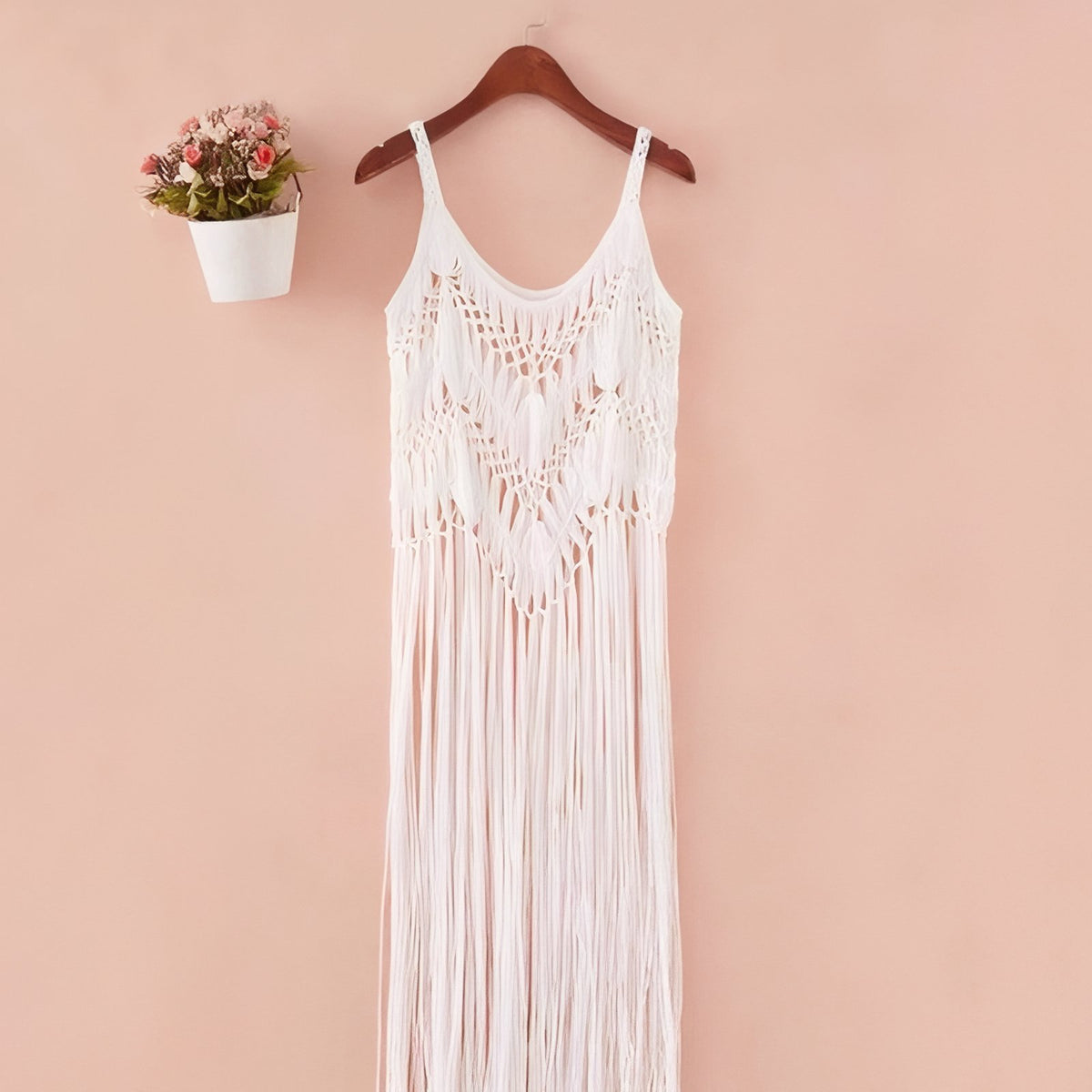 Robe de Plage au Crochet à Franges Longues suspendue sur cintre - Blanc - Noir