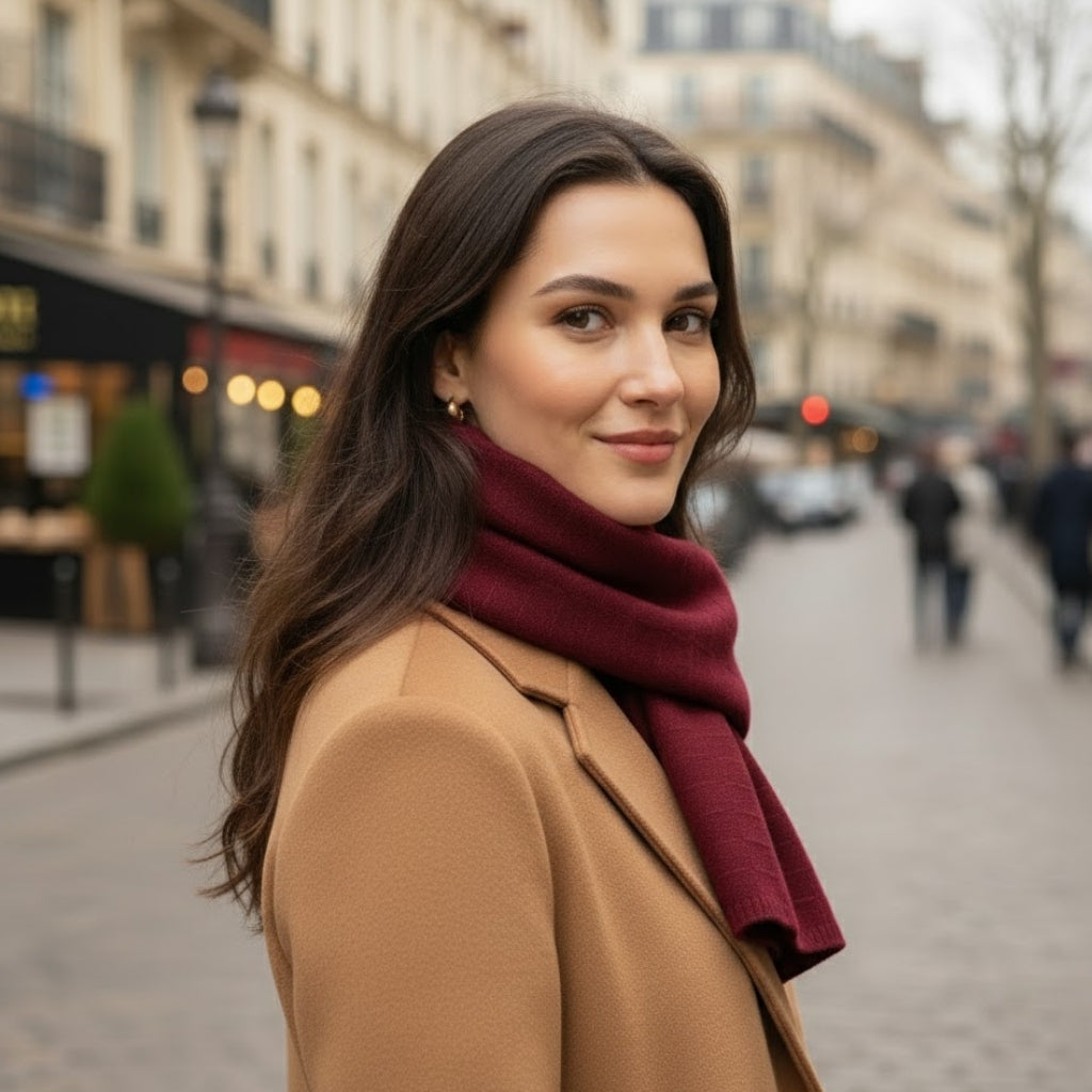 Écharpe Cachemire Luxe Femme portée autour du cou - Bordeaux - Noir - Camel Clair - Camel Foncé - Gris Clair - Crème Clair