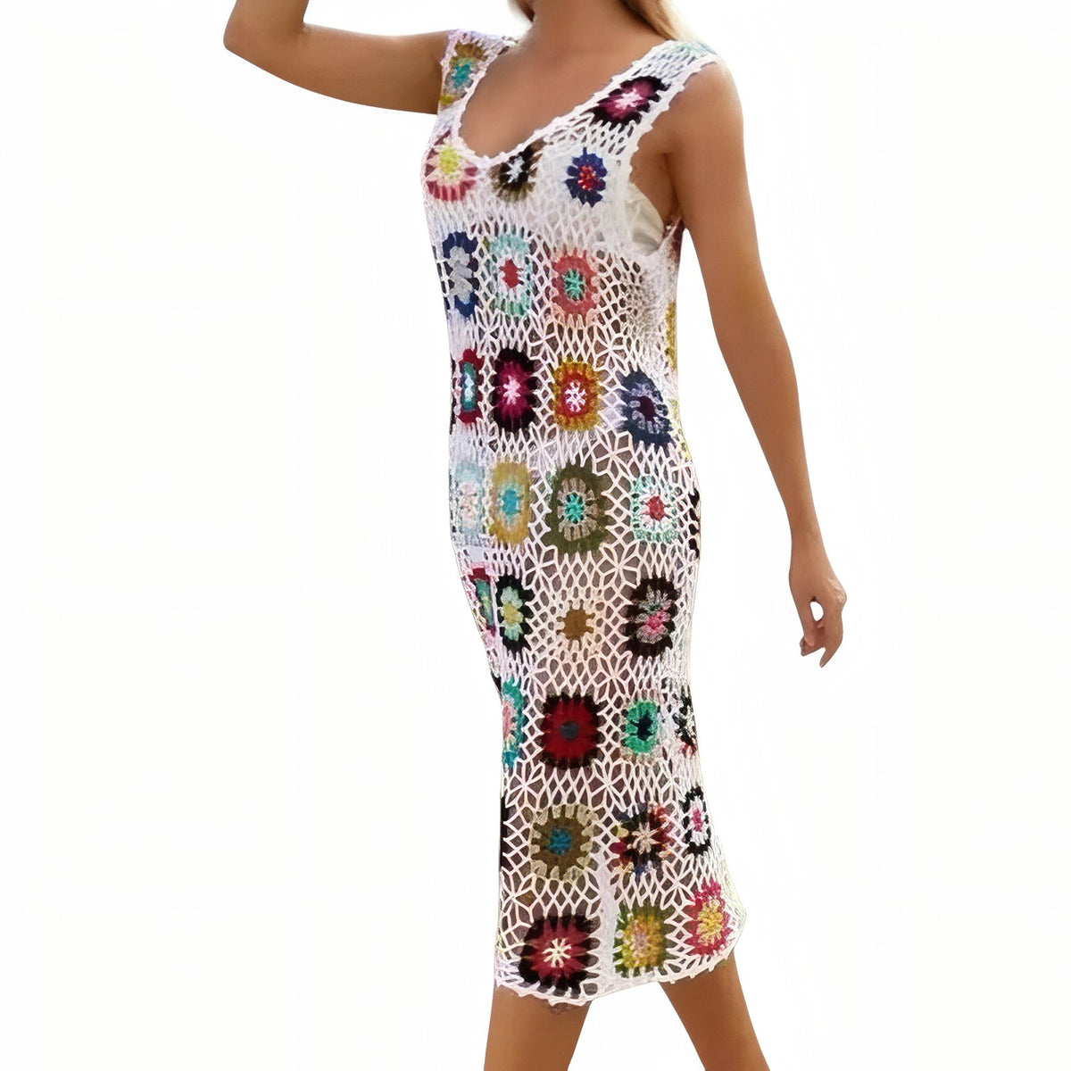 Robe de Plage en Crochet Ajourée Colorée - Blanc (long) - Unique