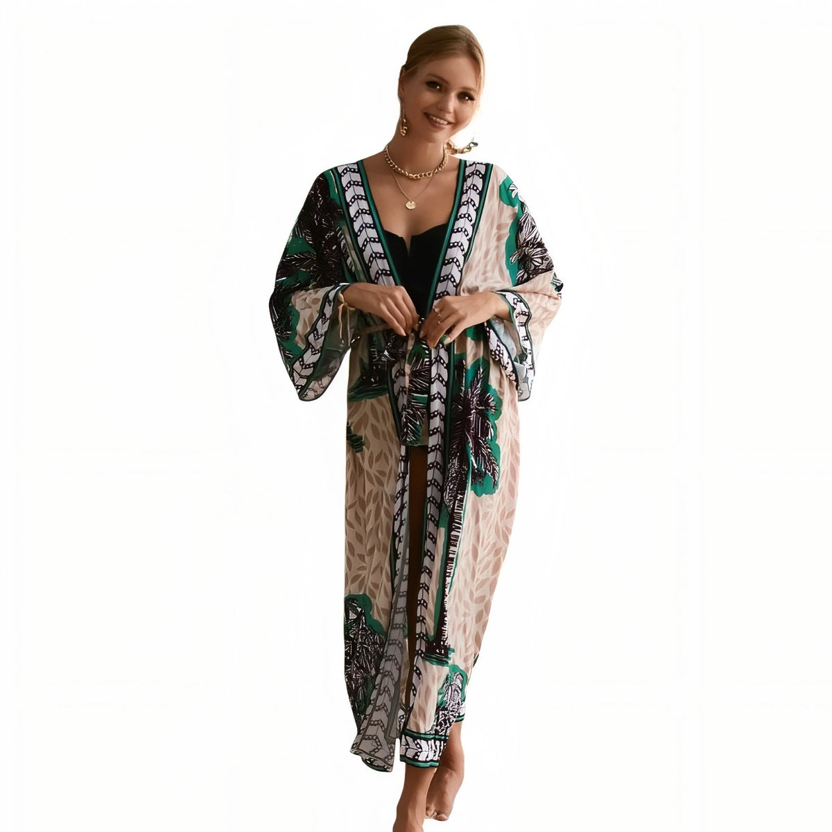 Kimono de Plage Grande Taille Imprimé Eté - Beige - Unique