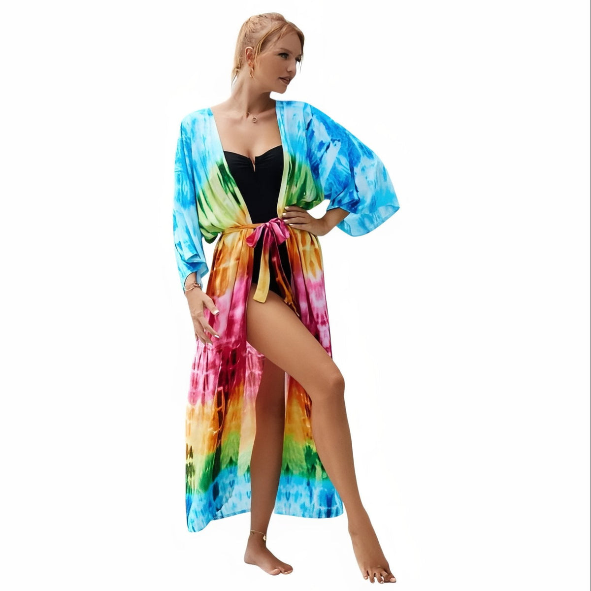 Kimono Tie and Dye Imprimé Ligné Manches Mi-longues - Multicouleur - Unique