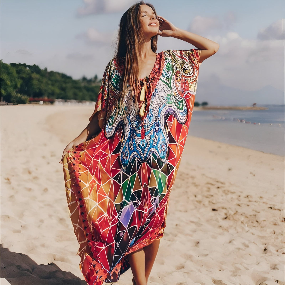 Robe Paréo aux Motifs Africains portée à la main - Orange