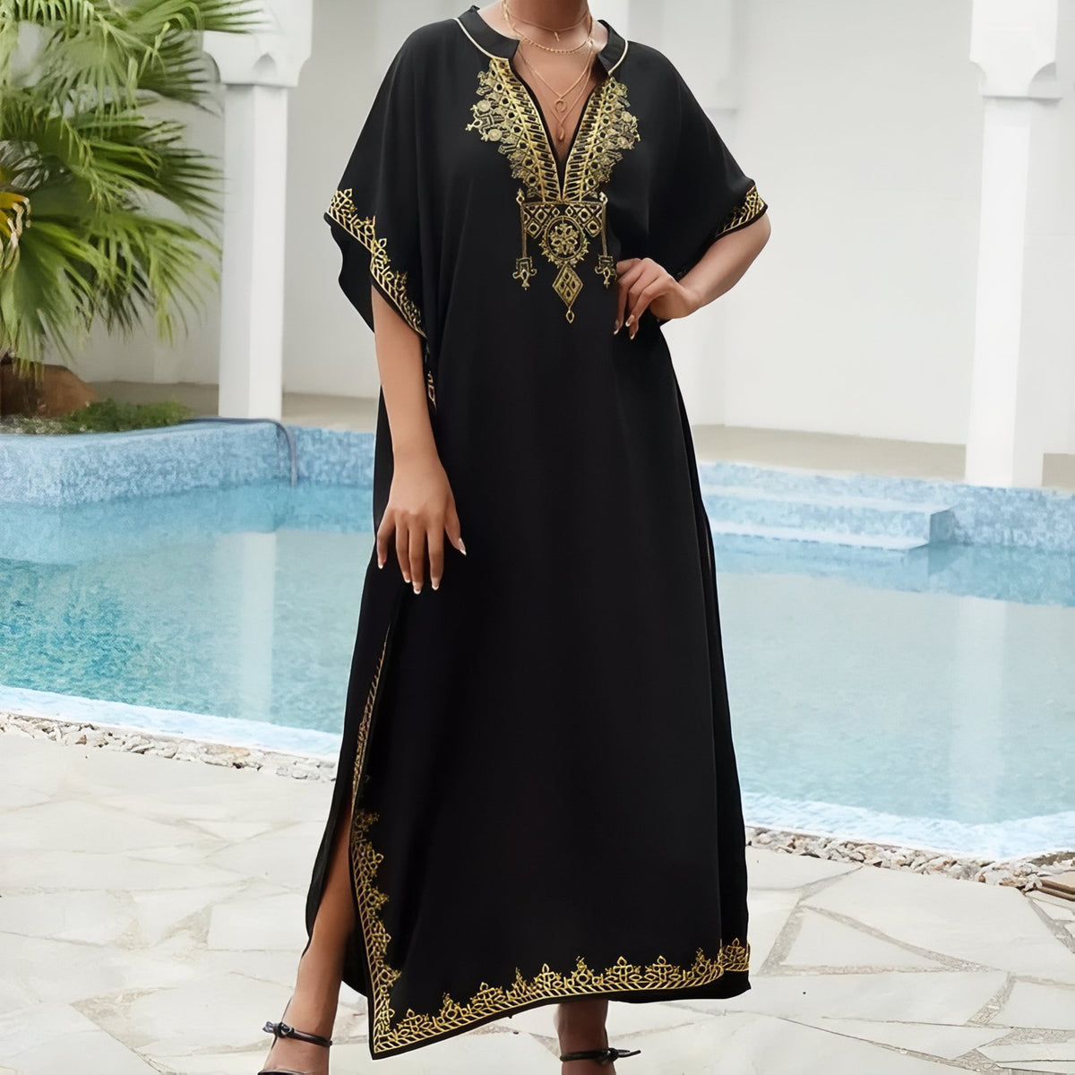 Paréo Caftan pour femme Style Oriental - Noir et Doré 2 - Unique
