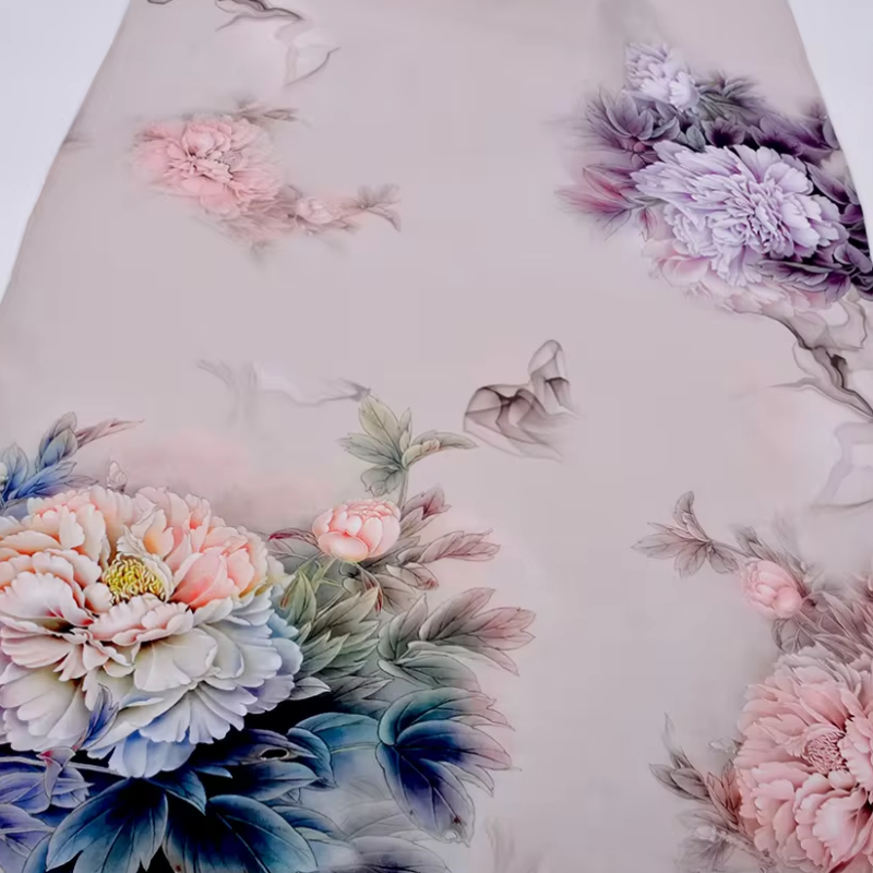 Foulard en Soie Fleuri Rose et Bleu 175*52cm