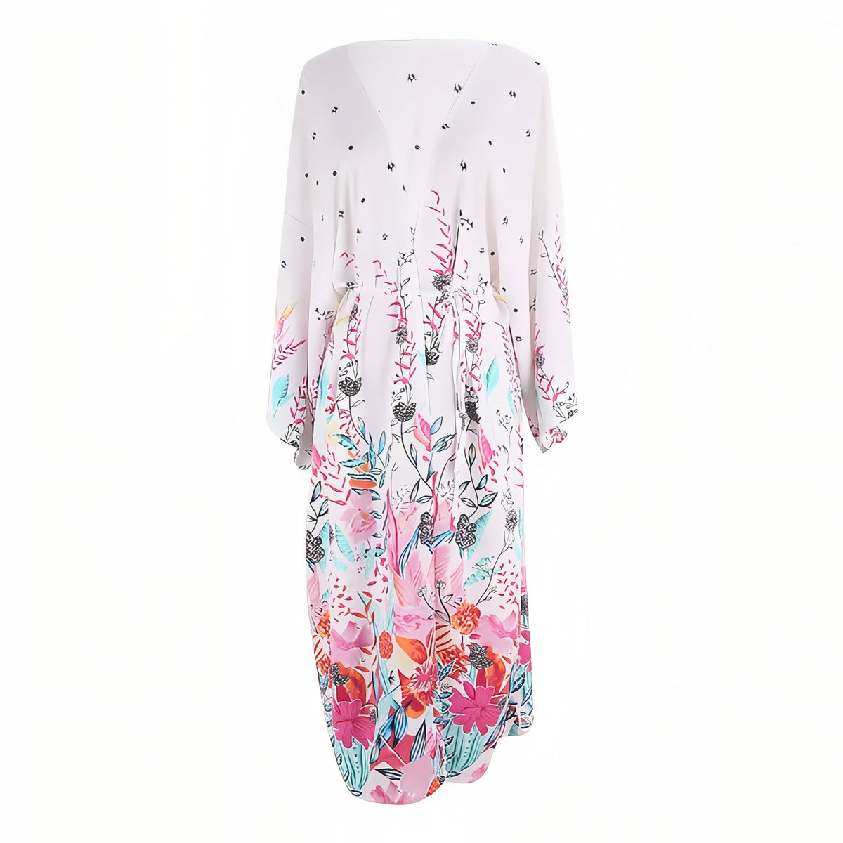 Kimono de Plage Couleur Printanière - Blanc Fleuri - Unique