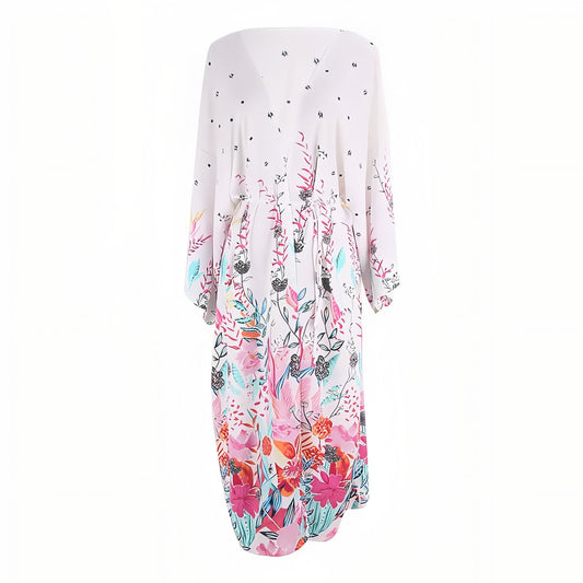 Kimono de Plage Couleur Printanière - Blanc Fleuri - Unique