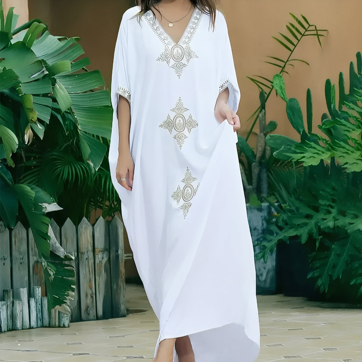 Paréo Caftan pour femme Style Oriental - Blanc et Doré - Unique