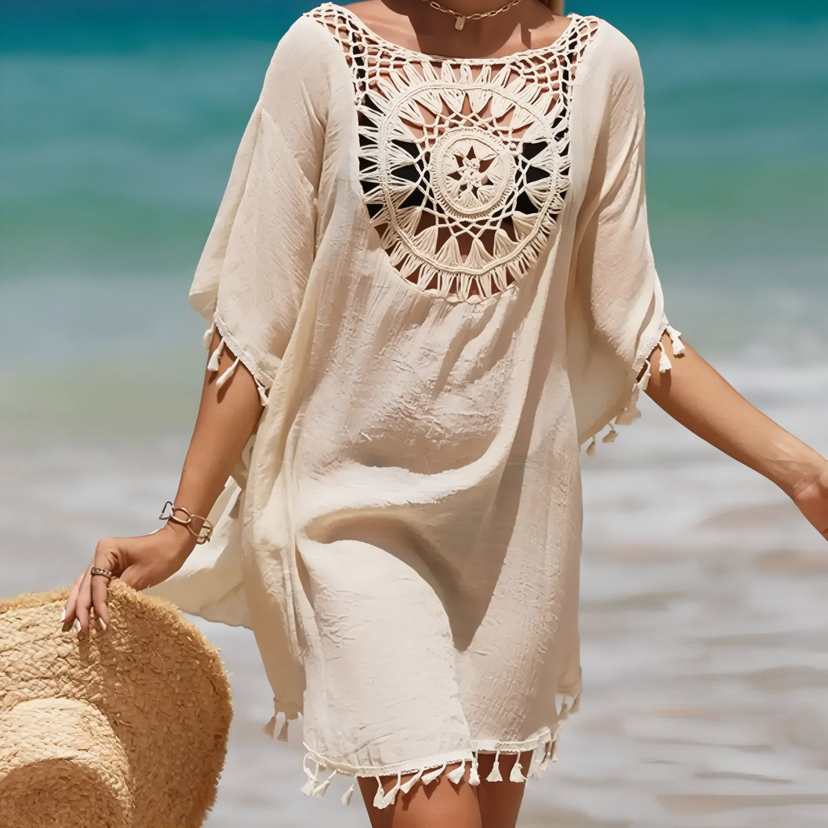 Robe de Plage Motif Attrape Rêve portée à la main - Rose - Bleu - Noir - Beige - Blanc