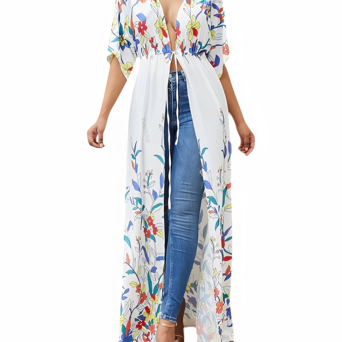 Robe de Plage Printanière - Blanc à Fleurs - Unique