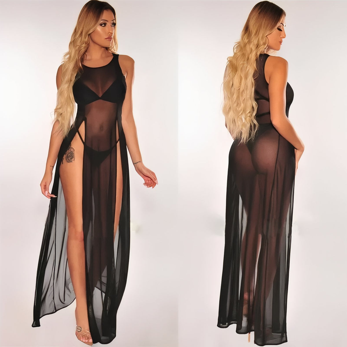 Robe de Plage Fendue Transparente portée sur modèle - Fuchsia - Blanc - Orange - Noir