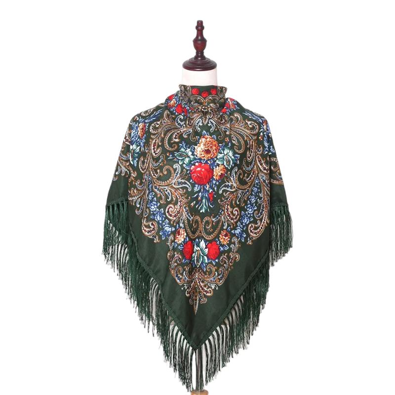 Châle Russe Vert Sapin et Rouge Cerise 130x130cm