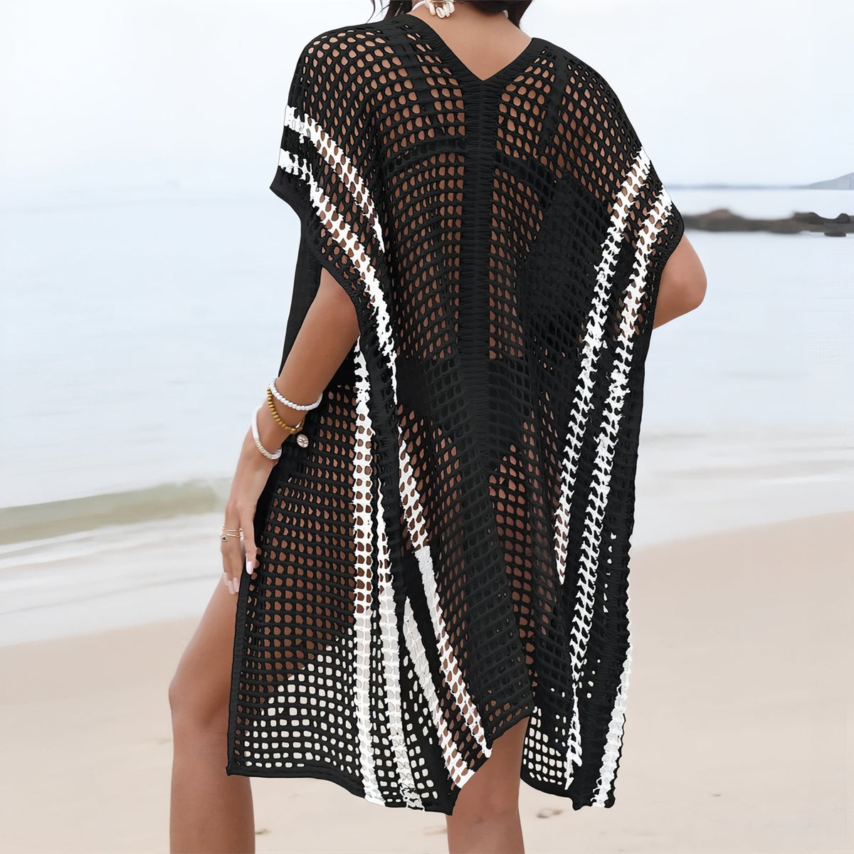Pareo de Plage Rayée en Crochet portée à la main - Blanc - Noir - Beige