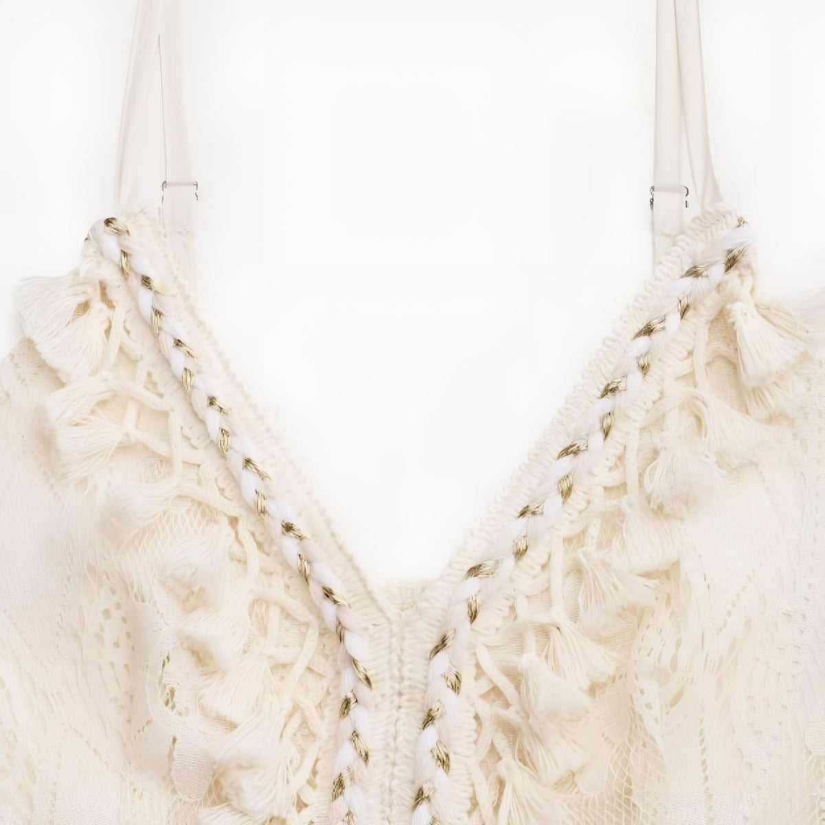 Robe Bohème Longue Col V Bas Asymétrique Bretelles gros plan détail bretelles - Beige - Blanc