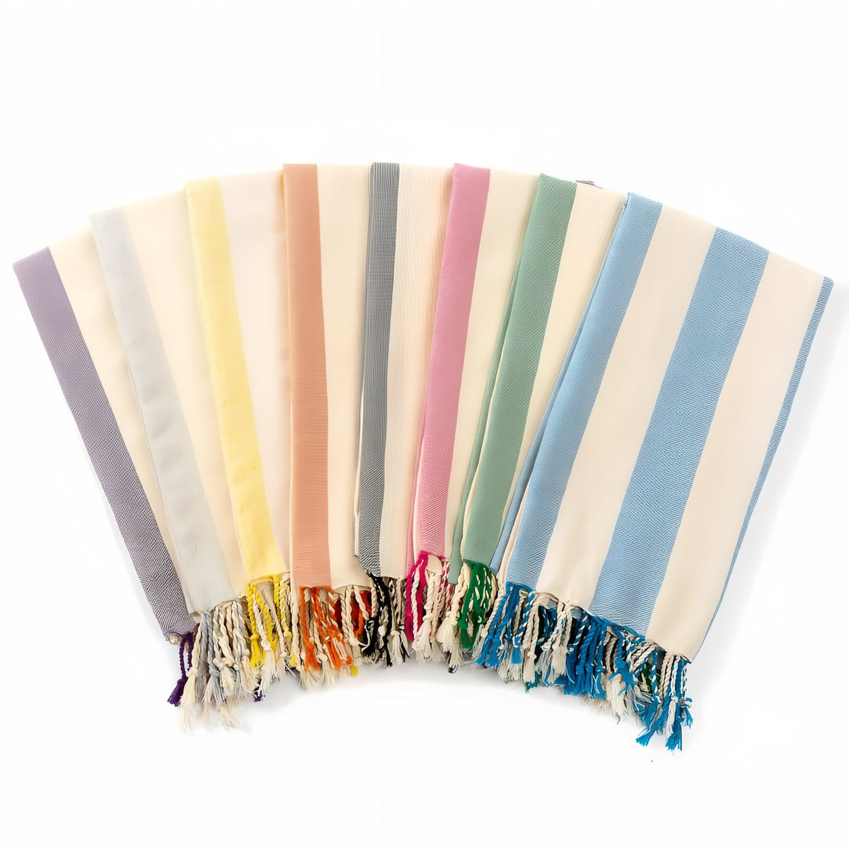 Drap de Plage Fouta douze articles alignés - Orange - Jaune - Bleu Ciel - Violet - Rose - Rouge - Vert - Gris Clair - Gris Foncé - Bleu Marine
