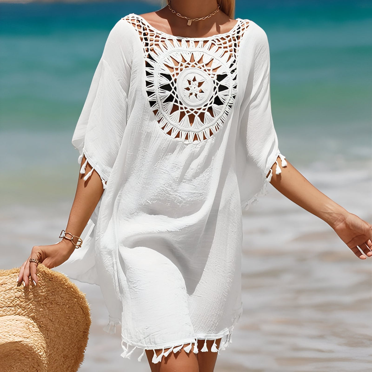Robe de Plage Motif Attrape Rêve portée à la main - Rose - Bleu - Noir - Beige - Blanc