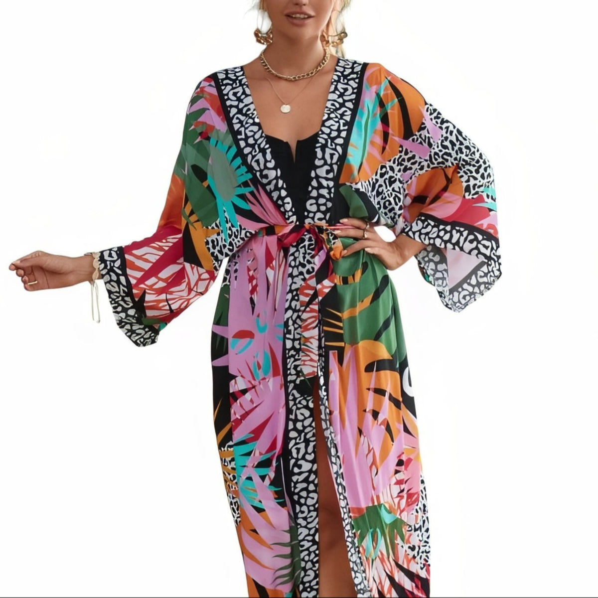 Kimono de Plage Coloré Inspiration Africaine - Multicouleurs - Unique