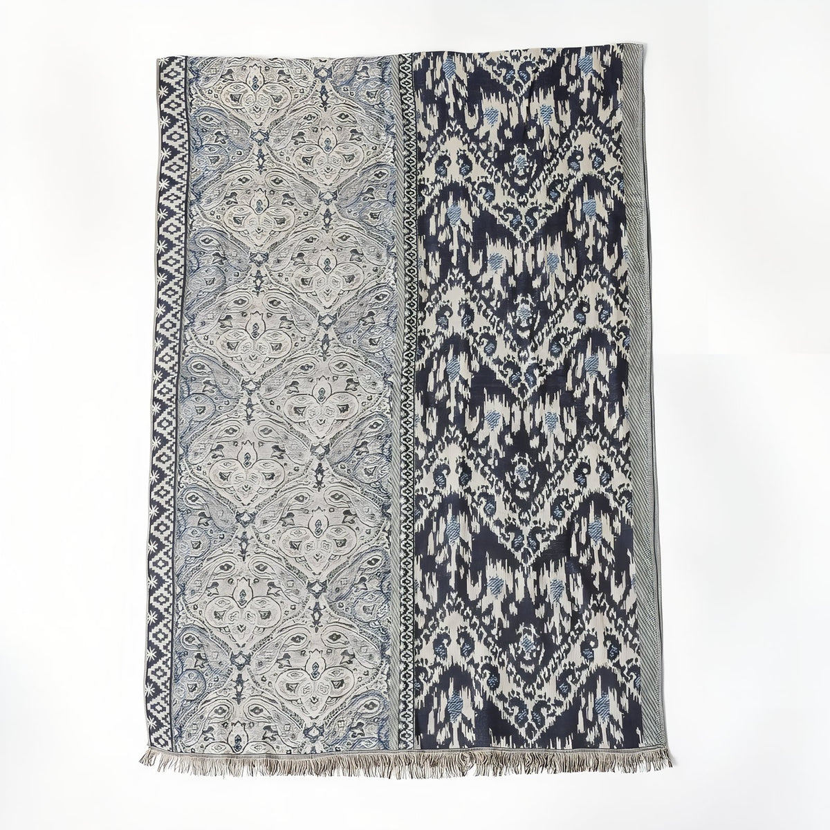 Chèche Motifs Ethniques Bleu Noir motifs ethniques variés - Bleu Marine et Gris Clair