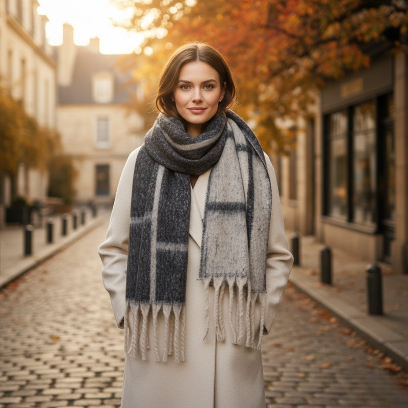 Grosse Echarpe Femme Douce portée autour du cou - Gris - Rouge - Bleu - Kaki - Marron
