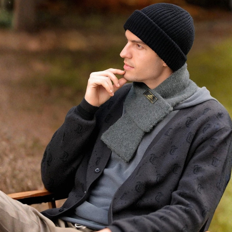 Echarpe Homme Duveteuse portée autour du cou - Beige Sable - Noir Charbon - Gris Foncé