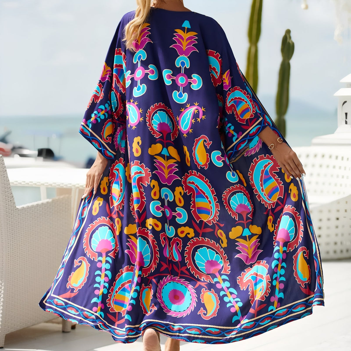 Kimono de Plage Grande Taille Imprimé Eté mise en scène extérieure - Paisley Coloré - Feuilles vertes - Beige - Multicouleurs - Bleu Azur - Turquoise - Aigle Sauvage - Noir - Formes géométriques - Rouge et Bleu - Fuchsia Tie Dye