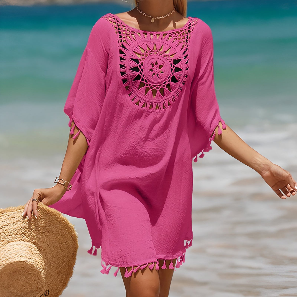 Robe de Plage Motif Attrape Rêve portée à la main - Rose - Bleu - Noir - Beige - Blanc
