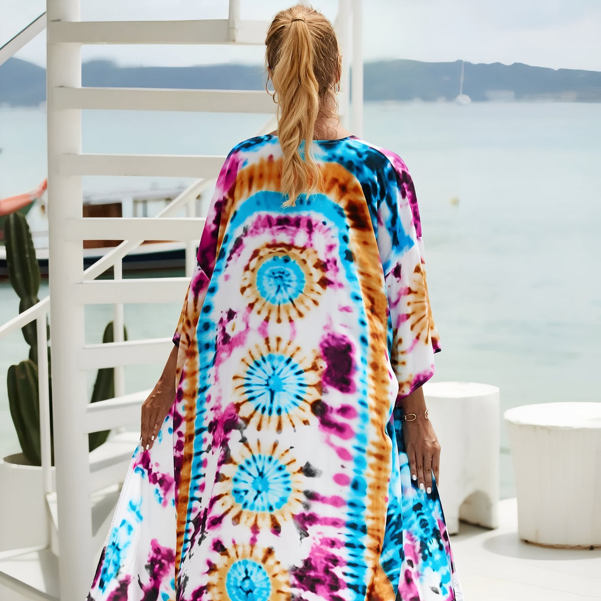 Kimono de Plage Grande Taille Imprimé Eté portée à la main - Paisley Coloré - Feuilles vertes - Beige - Multicouleurs - Bleu Azur - Turquoise - Aigle Sauvage - Noir - Formes géométriques - Rouge et Bleu - Fuchsia Tie Dye