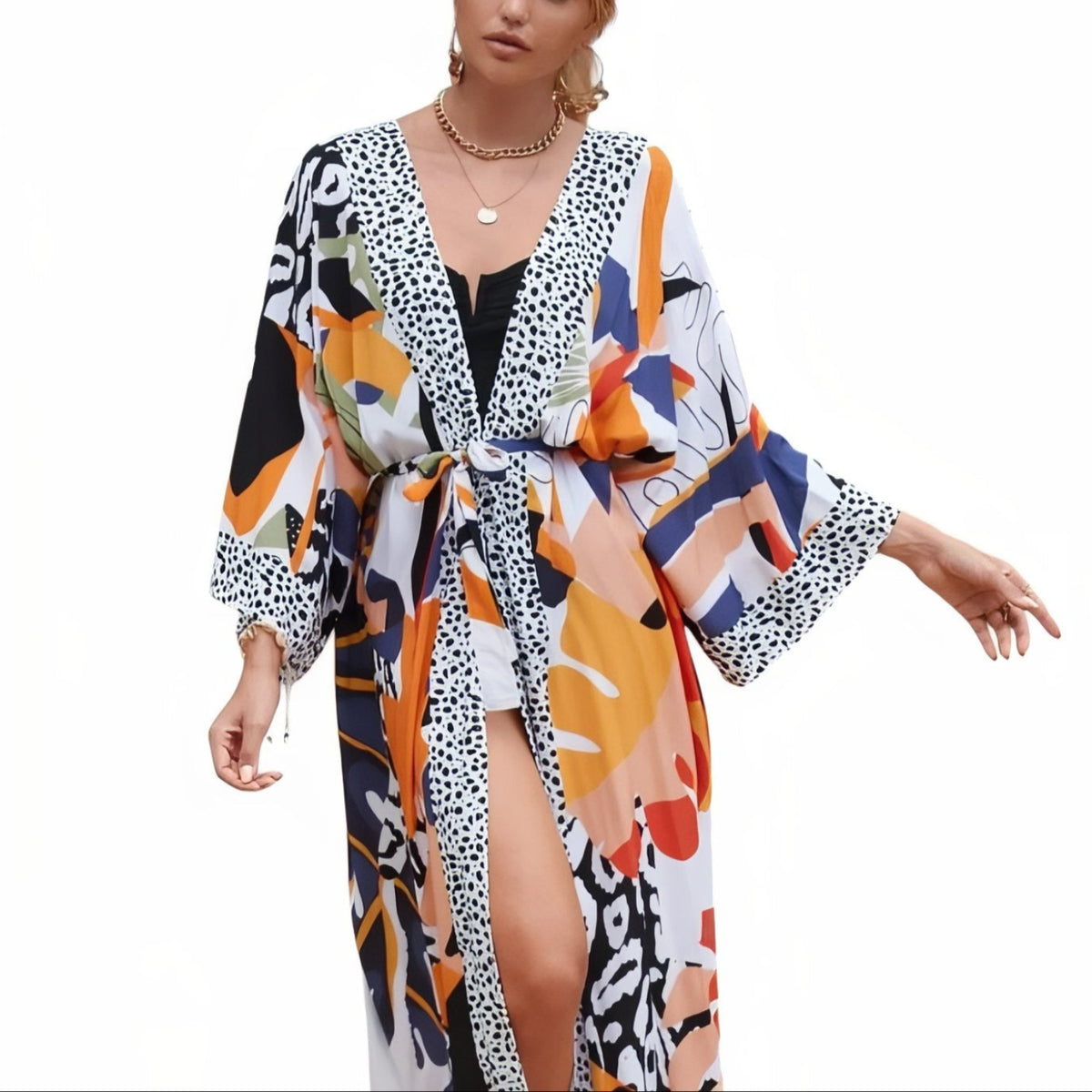 Kimono de Plage Coloré Inspiration Africaine - Blanc et Coloré - Unique