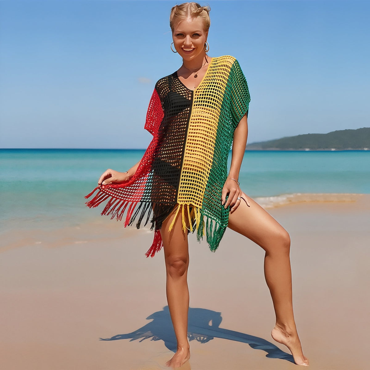 Robe de Plage Courte en Crochet Multicolore portée à la main - Rouge Jaune Bleu - Blanc à Rayures Colorées - Multicouleurs - Turquoise et Rouge - Vert - Orange et Blanc - Jamaique - Bleu Ciel - Tie Dye Bleu et Rouge - Noir