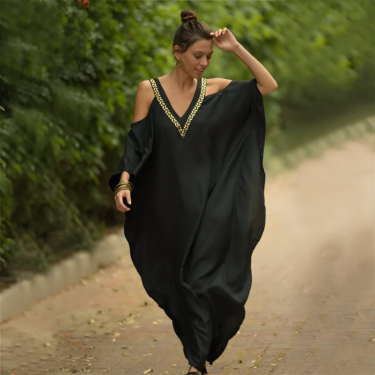 Kaftan de Plage pour Femme Style Oriental portée en extérieur - Vert Emeraude - Bleu Marine - Rouge Brique - Bleu Ciel - Vert Clair - Noir