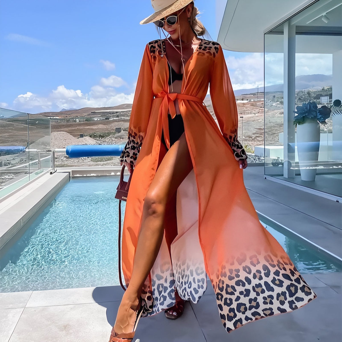 Kimono de Plage Imprimé Leopard portée à la main - Fuschia - Blanc - Orange - Noir