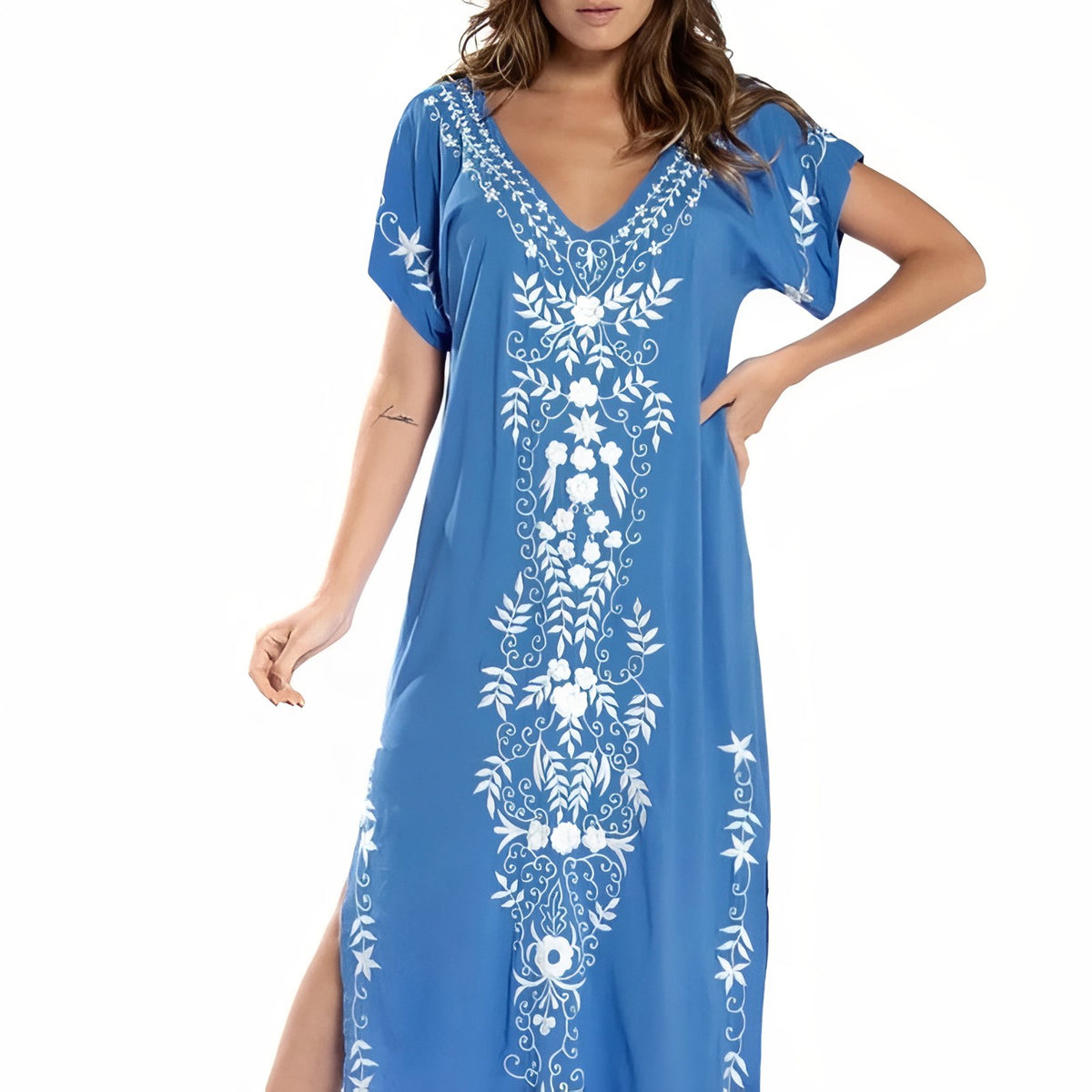 Robe de Plage Fendue Style Ethnique - Bleu Ciel - Unique