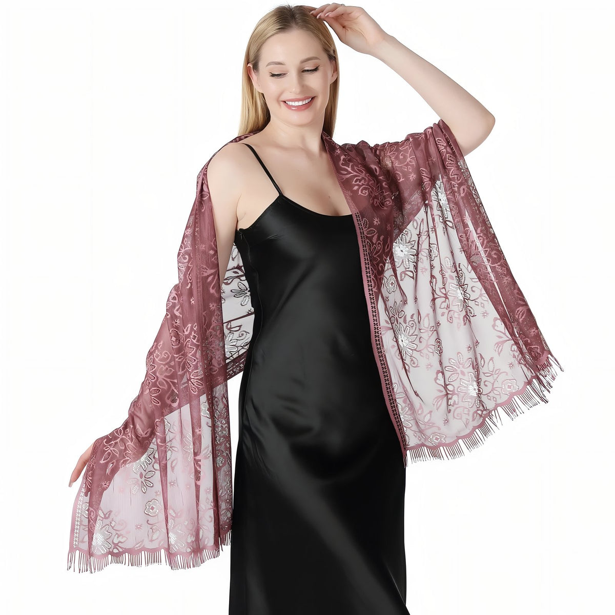 Etole de Soirée Femme portée sur une robe - Doré - Lavande - Rose - Ivoire - Rose Poudré - Beige Doré - Vert Sauge - Blanc - Noir - Taupe - Beige et Doré - Bleu Marine - Violet Foncé