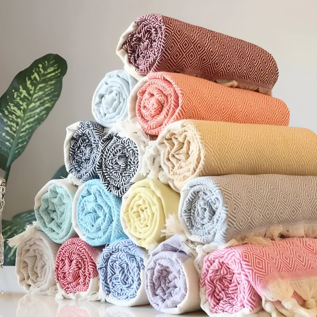 Fouta de Plage Eponge empilement de serviettes - Gris Clair - Rouge - Vert - Rose - Noir - Bleu Marine