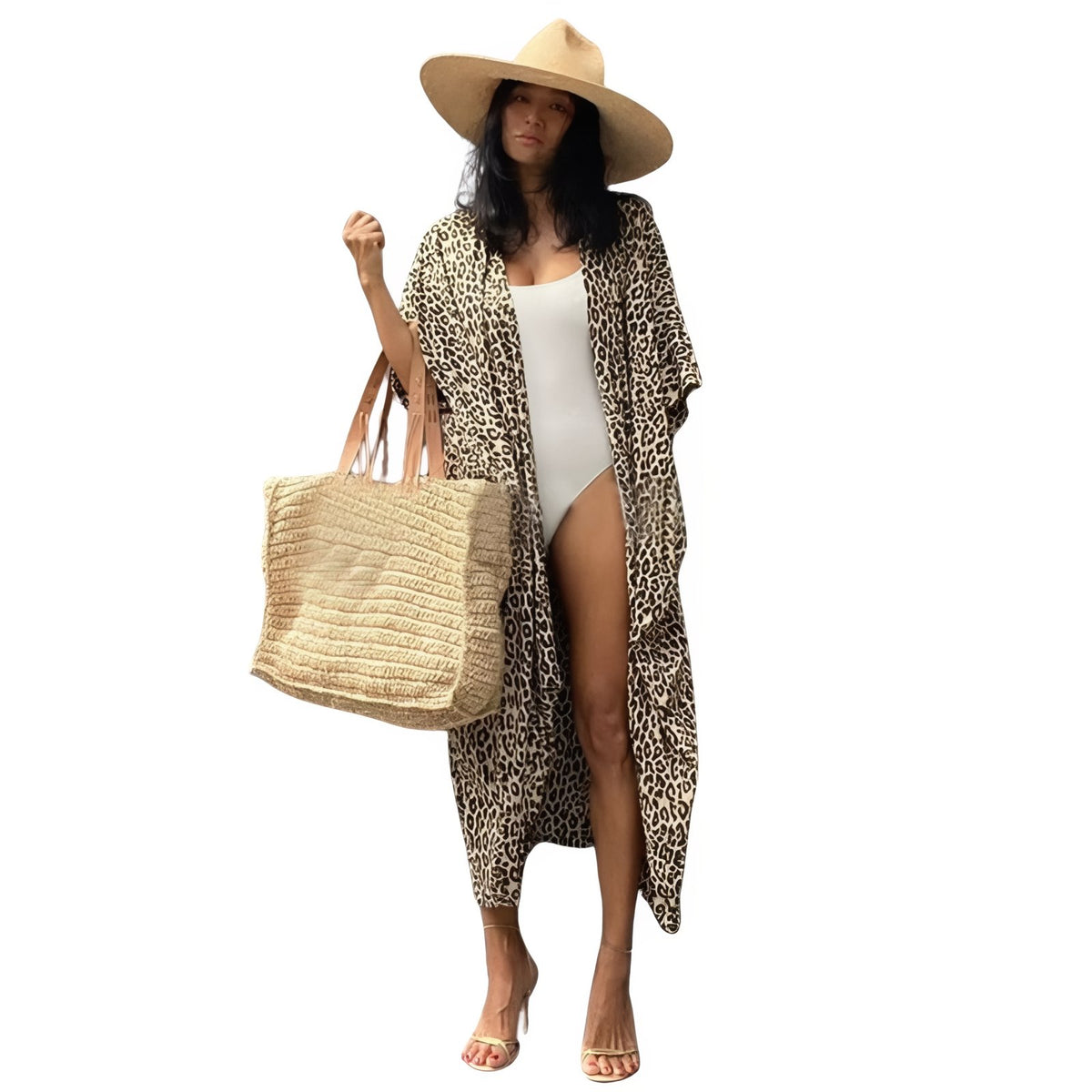 Long Kimono de Plage Imprimé Léopard - Beige - Unique