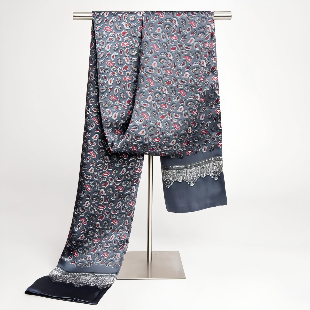 Echarpe de Soie Homme - Gris Ardoise et Rouge Bordeaux