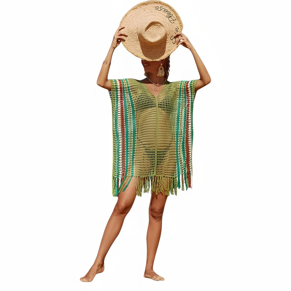 Robe de Plage Courte en Crochet Multicolore - Vert - Unique
