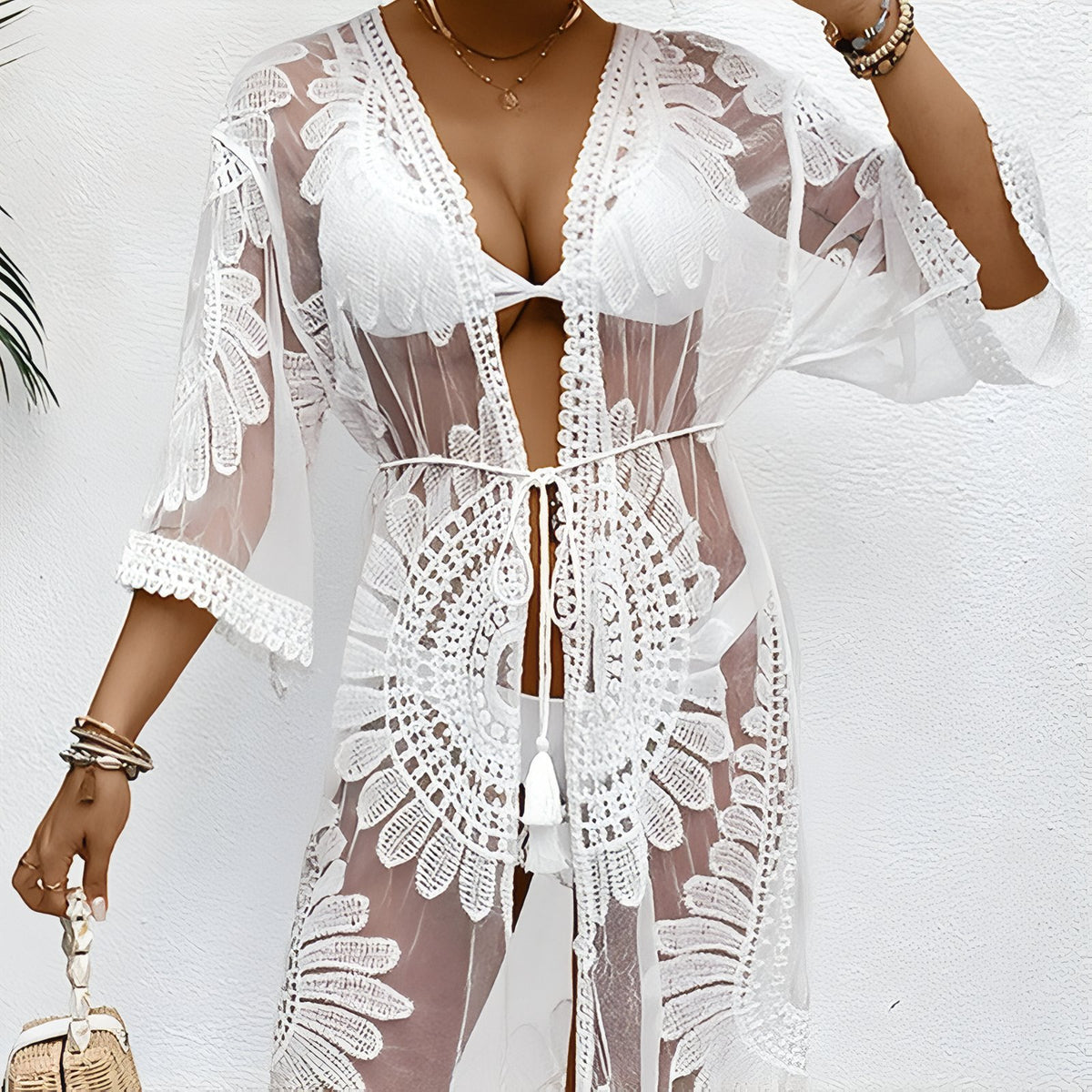 Kimono de Plage en Dentelle portée à la main - Noir - Blanc