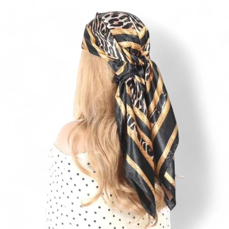 Foulard pour Cheveux Carré Noir et Doré 90*90cm