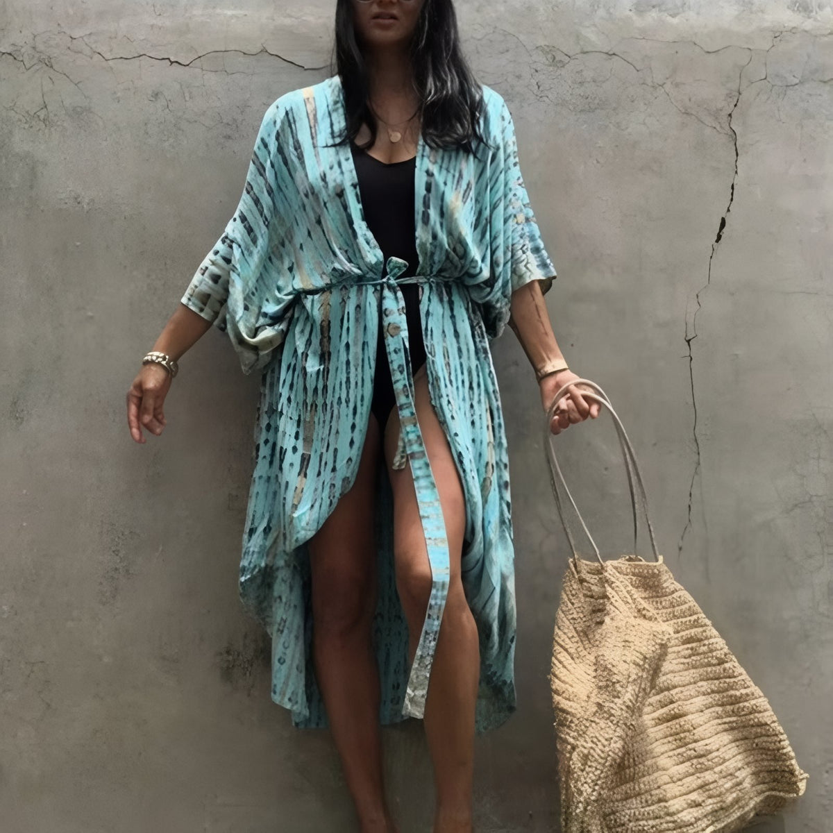 Kimono de plage Imprimé Ligné - Bleu Ciel - Unique