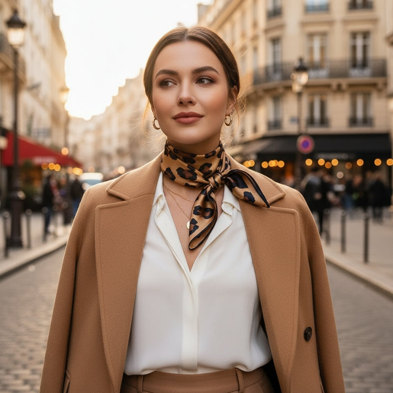 Foulard Femme Motif Léopard portée autour du cou - Marron - Ivoire