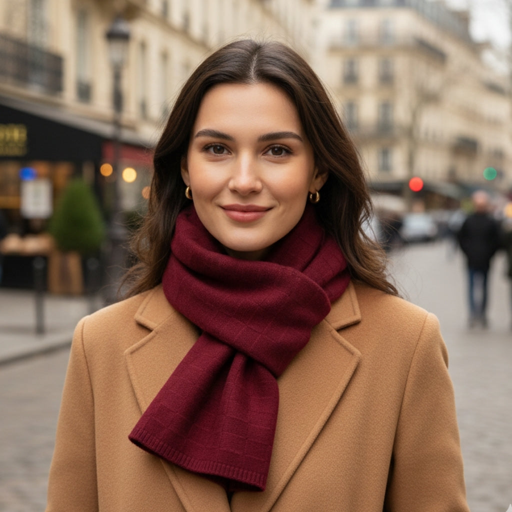 Écharpe Cachemire Luxe Femme portée autour du cou - Bordeaux - Noir - Camel Clair - Camel Foncé - Gris Clair - Crème Clair