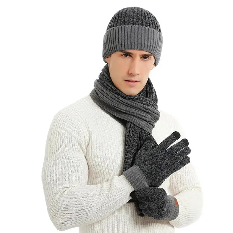 Ensemble Bonnet Echarpe Gant pour Homme portée à la main - Gris et Noir - Marine et Charbon - Marron et Châtaigne - Bordeaux et Noir - Gris Foncé et Anthracite