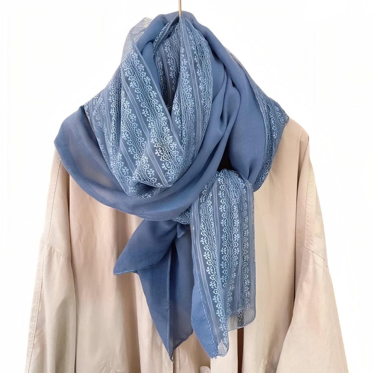 Chèche avec Dentelle - Bleu Ciel - 180*90cm