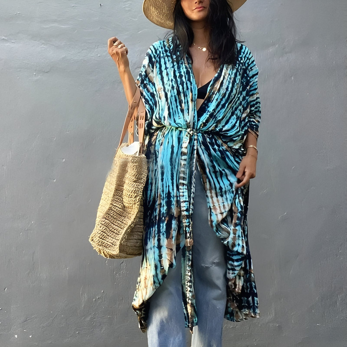 Kimono de plage Imprimé Ligné - Bleu Cyan - Unique