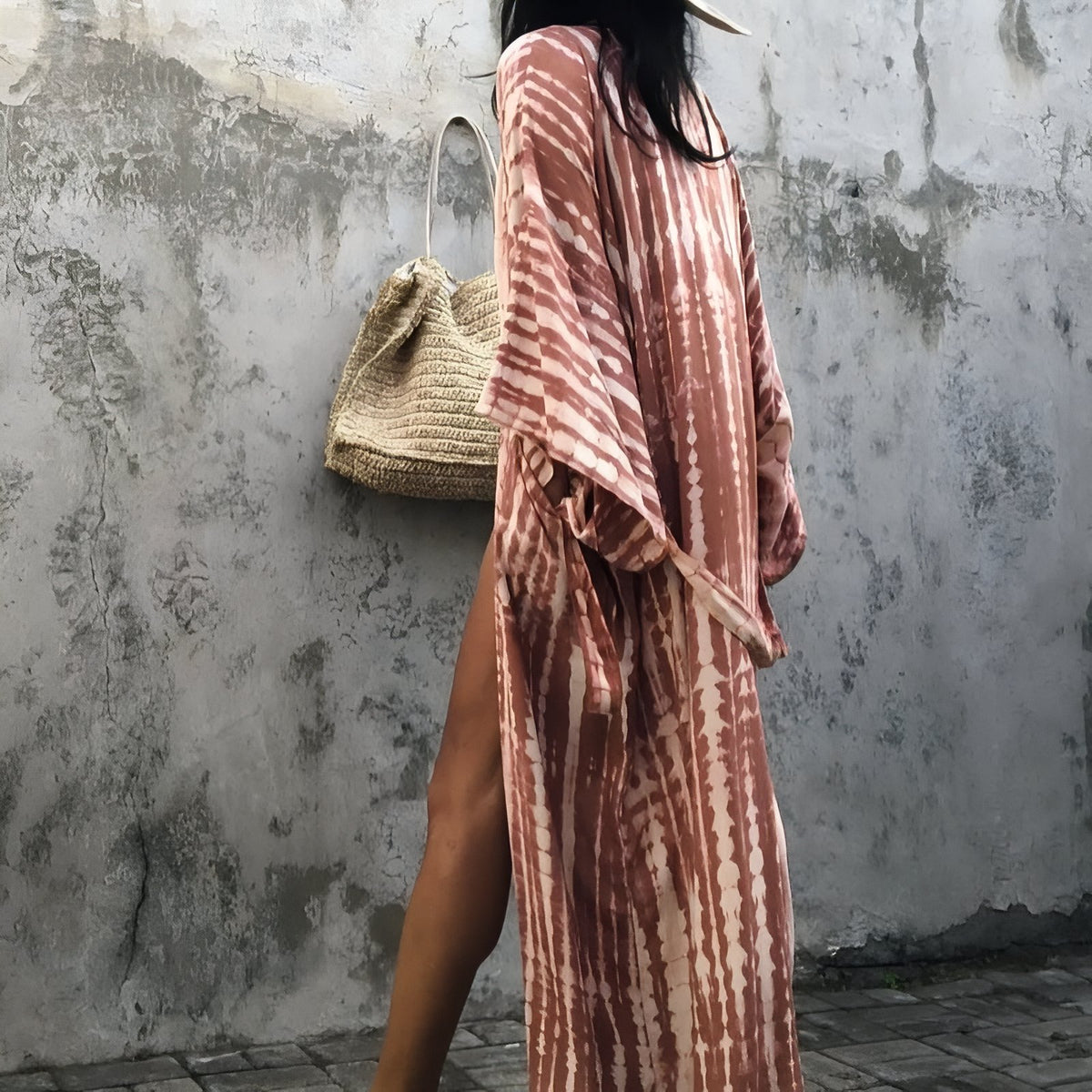 Kimono de Plage Tie and Dye Manches Longues portée avec sac - Jaune - Vert - Bleu Marine - Corail - Fuchsia - Lavande - Gris Anthracite - Beige - Noir - Vert Olive - Vert Emeraude - Rose Clair - Bleu Vif - Bleu Azur