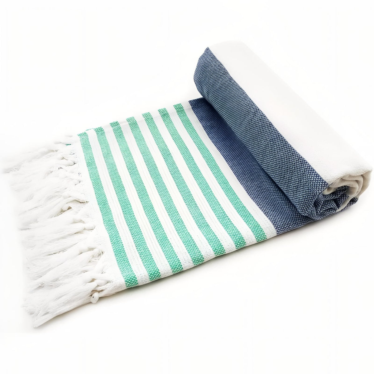 Fouta de Plage Rayé Tricolore à Franges roulé sur fond blanc - Bleu - Jaune - Rose