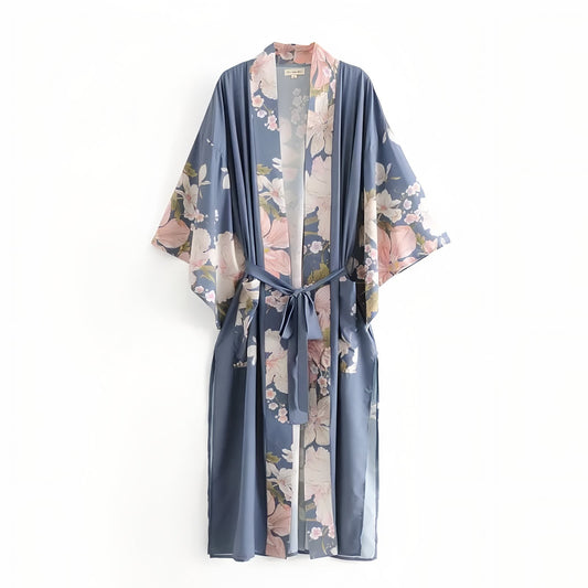 Kimono de Plage Imprimé Floral - Bleu