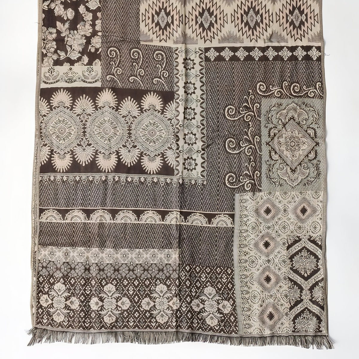 Chèche Motifs Ethniques Bleu Noir motifs variés - Gris Foncé et Beige Clair